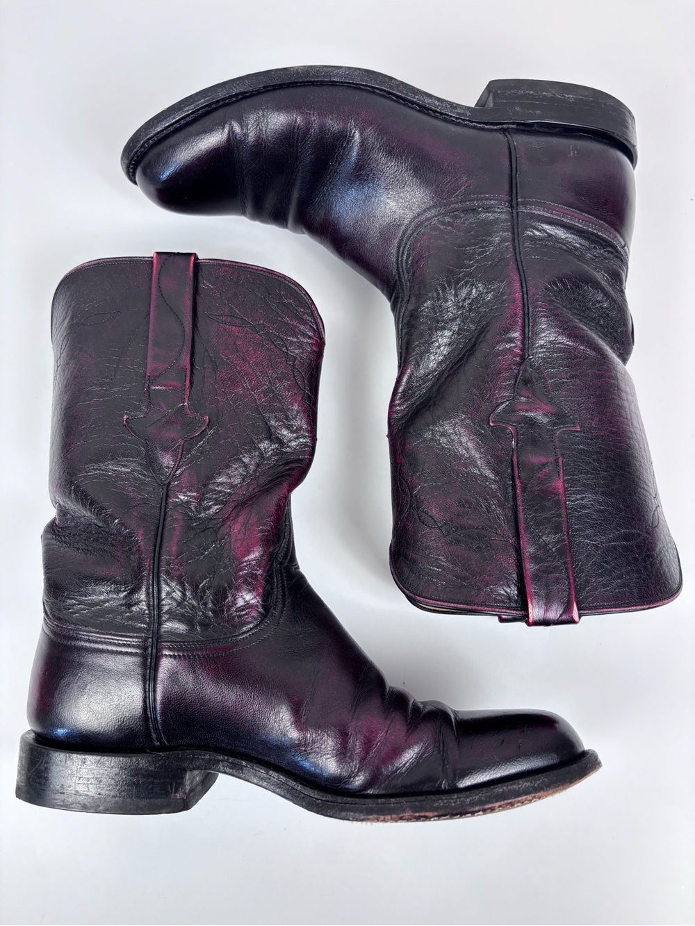 Vintage Lucchese Leather Cowboy Western Roper Boots P0134 Black Cherry Sz 8E - Picture 9 of 15